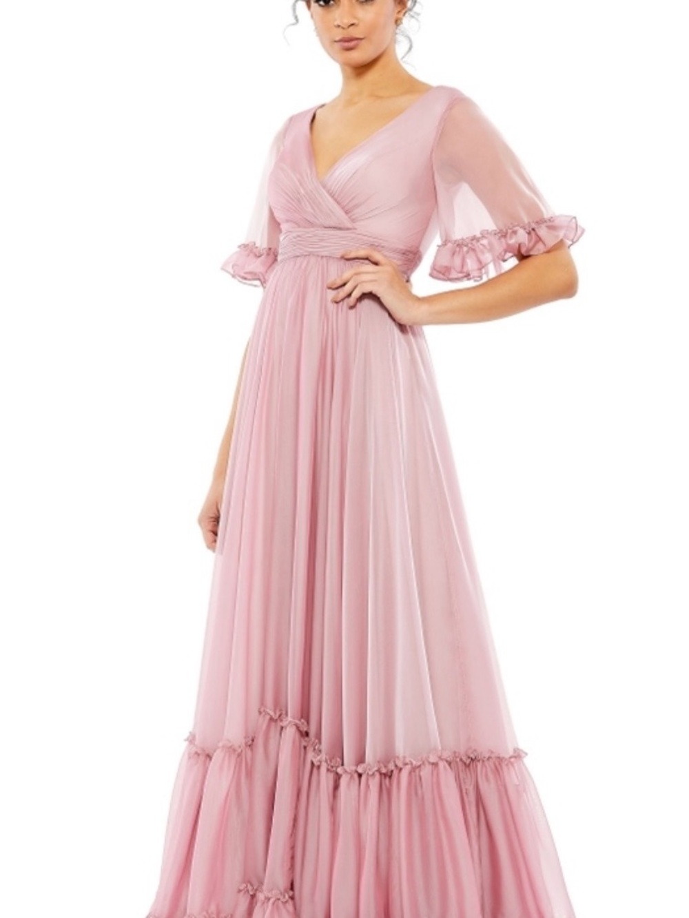 Mac Duggal Elegant V-Neck Pink Maxi Dress with Ruffle Sleeves